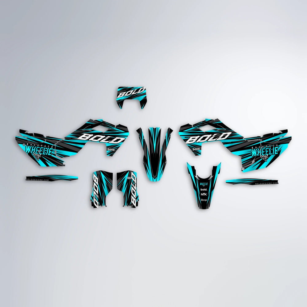 RAGE Husqvarna FE/TE graphics kit parts layout in Teal