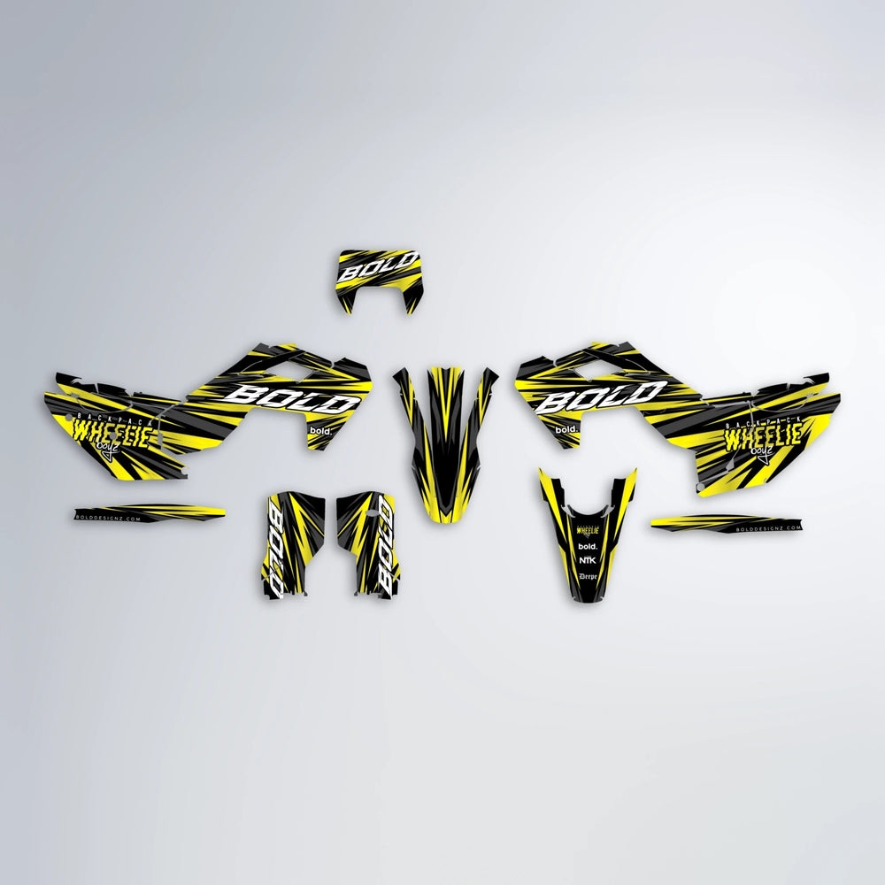RAGE Husqvarna FE/TE graphics kit parts layout in Yellow
