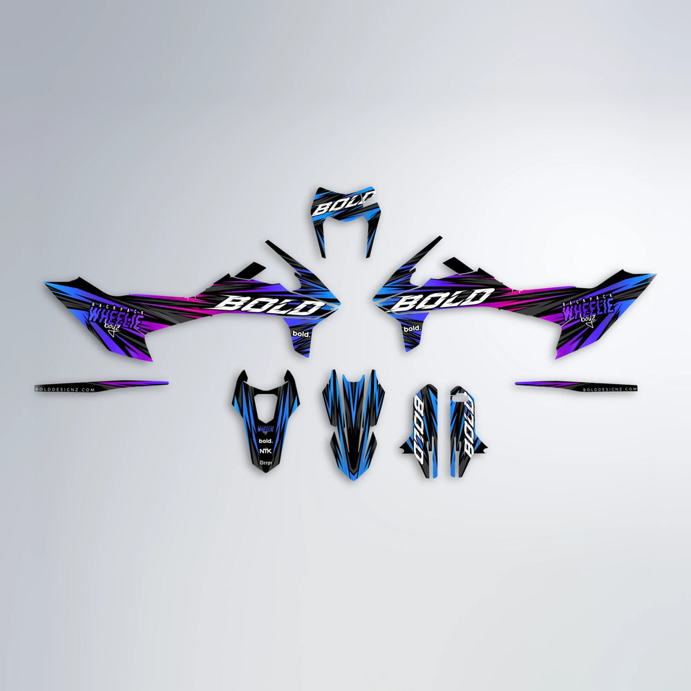 RAGE KTM SMC 690 graphics kit parts layout in Blue Purple Fade