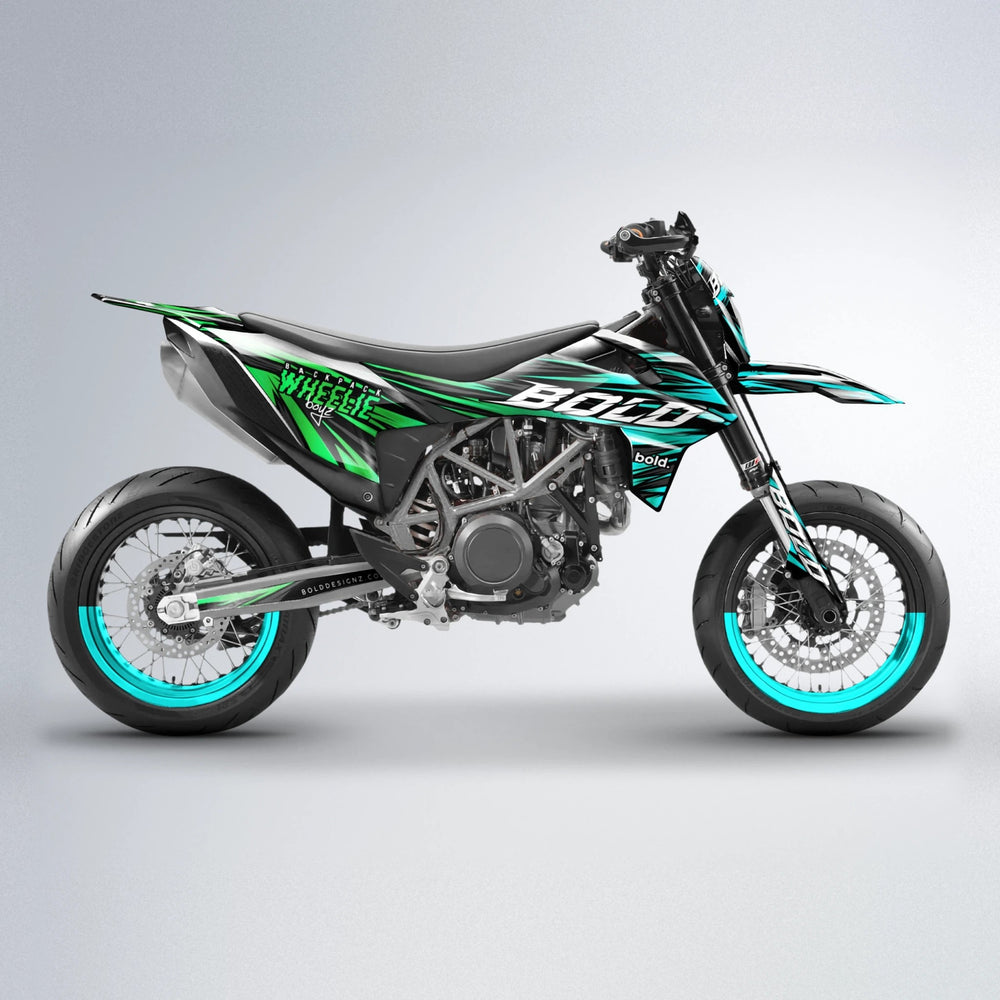 RAGE KTM SMC 690 supermoto graphics kit in Cyan & Green