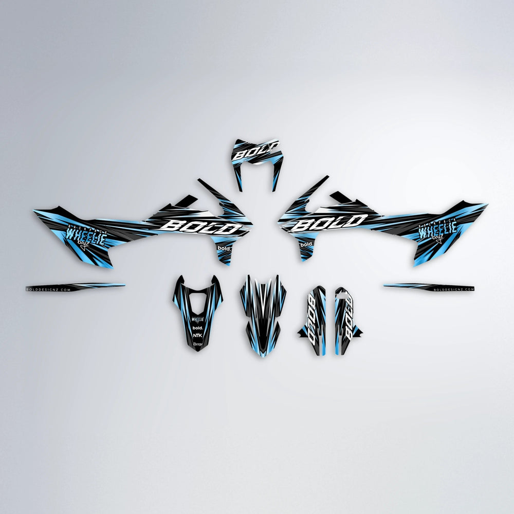 RAGE KTM SMC 690 graphics kit parts layout in Light Blue & White