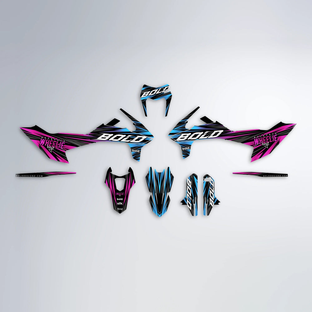 RAGE KTM SMC 690 graphics kit parts layout in Pink & Light Blue