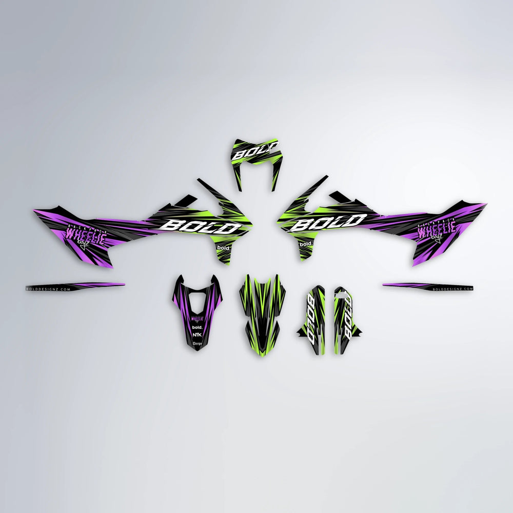 RAGE KTM SMC 690 graphics kit parts layout in Purple & Yellow
