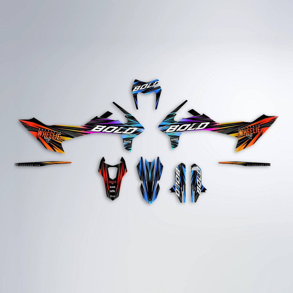 RAGE KTM SMC 690 graphics kit parts layout in Sunset Fade