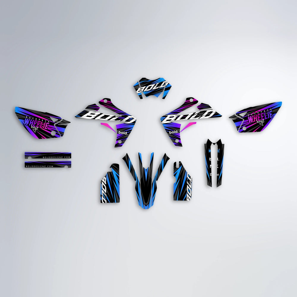 RAGE Rieju MRT graphics kit parts layout in Blue Purple Fade