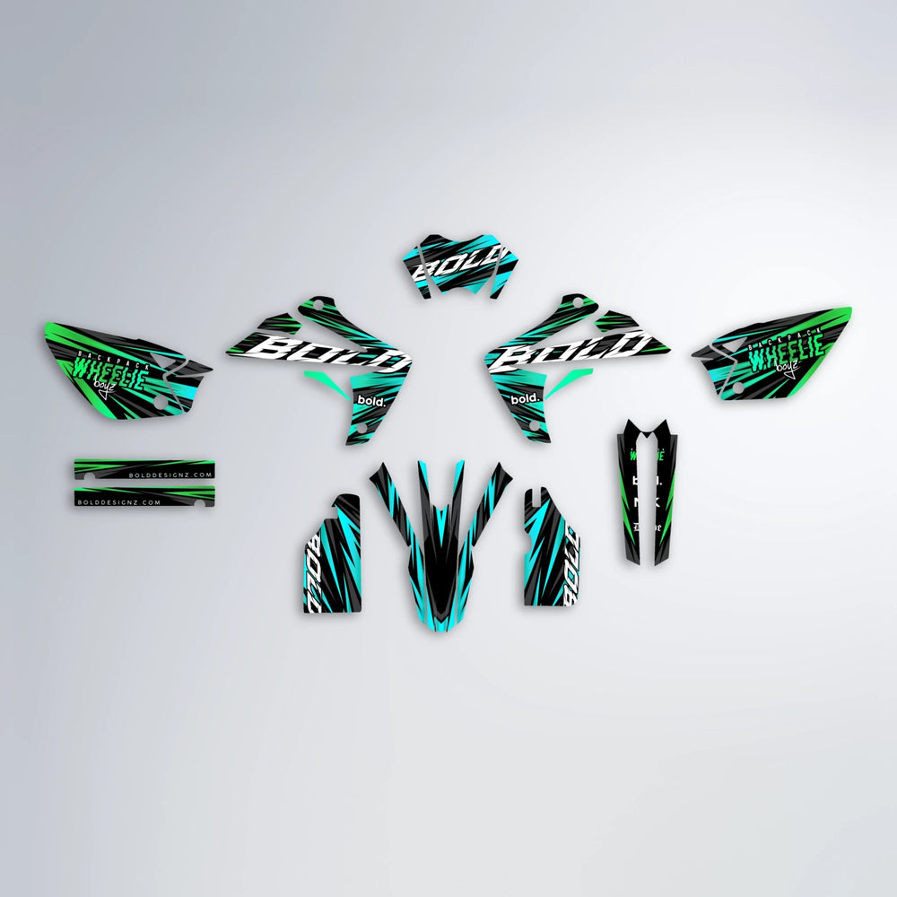 RAGE Rieju MRT graphics kit parts layout in Cyan & Green
