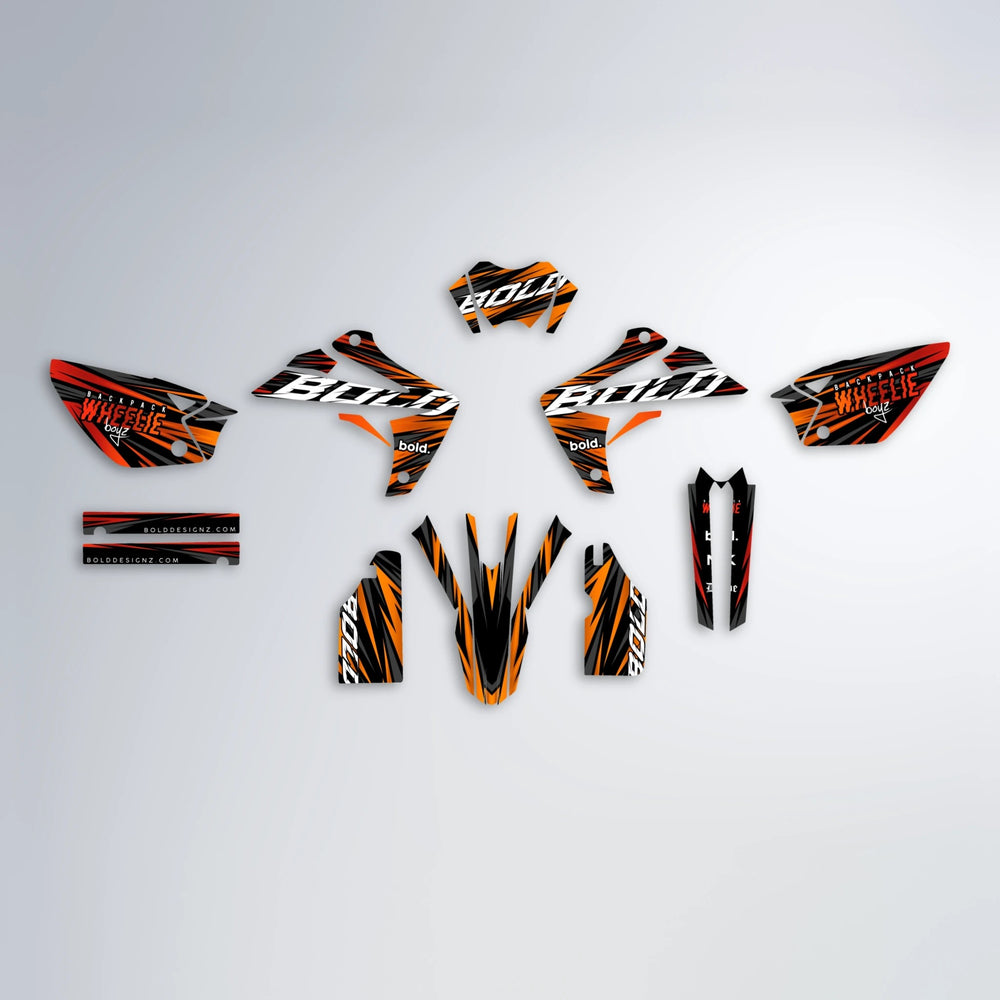 RAGE Rieju MRT graphics kit parts layout in Red & Orange