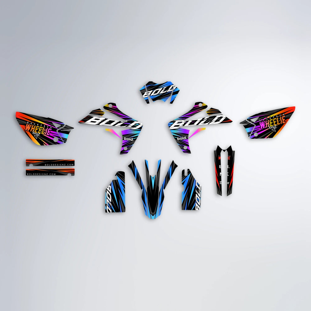 RAGE Rieju MRT graphics kit parts layout in Sunset Fade