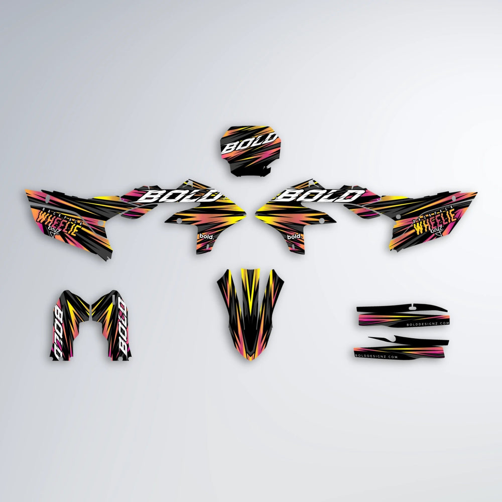 RAGE Yamaha YZF MX graphics kit parts layout in Pink & Yellow