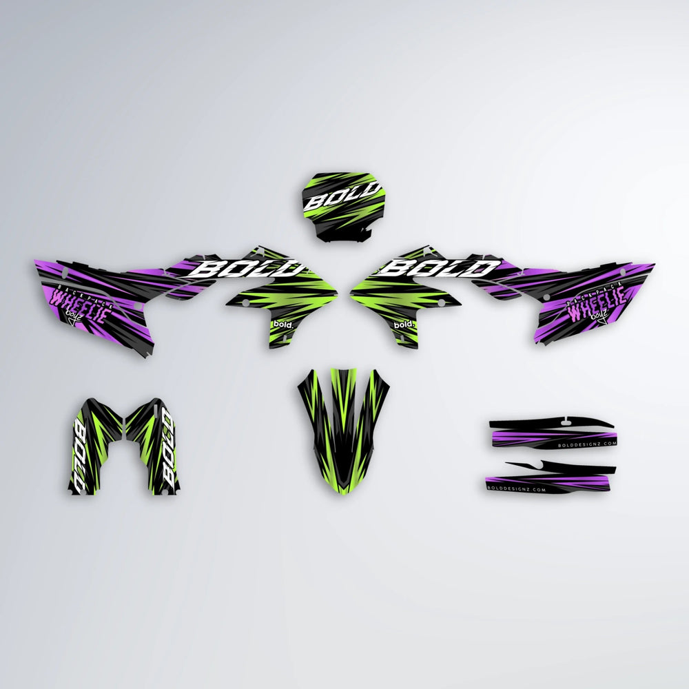RAGE Yamaha YZF MX graphics kit parts layout in Purple & Yellow