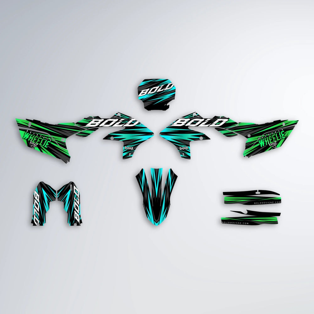 RAGE Yamaha YZF SM graphics kit parts layout in Cyan & Green
