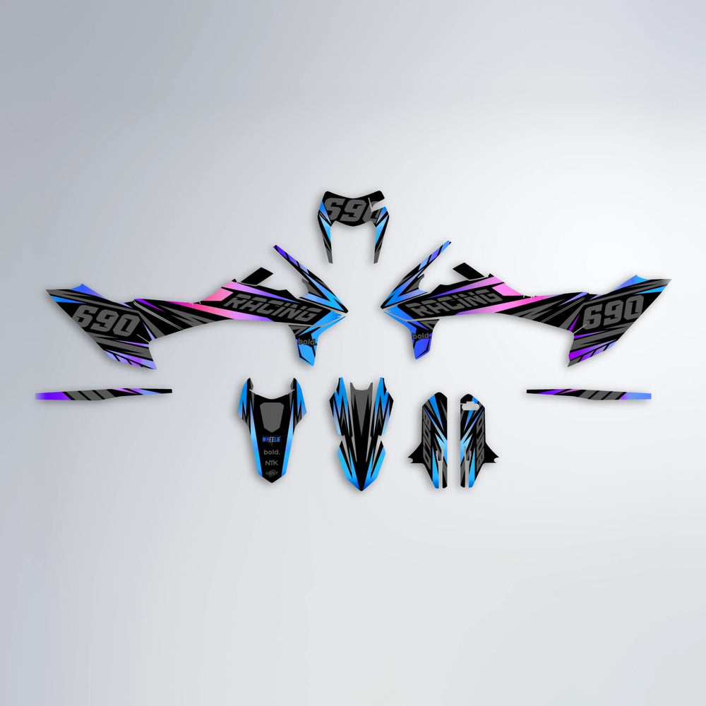 RAINBOW KTM SMC 690 graphics kit parts layout in Blue Purple Fade