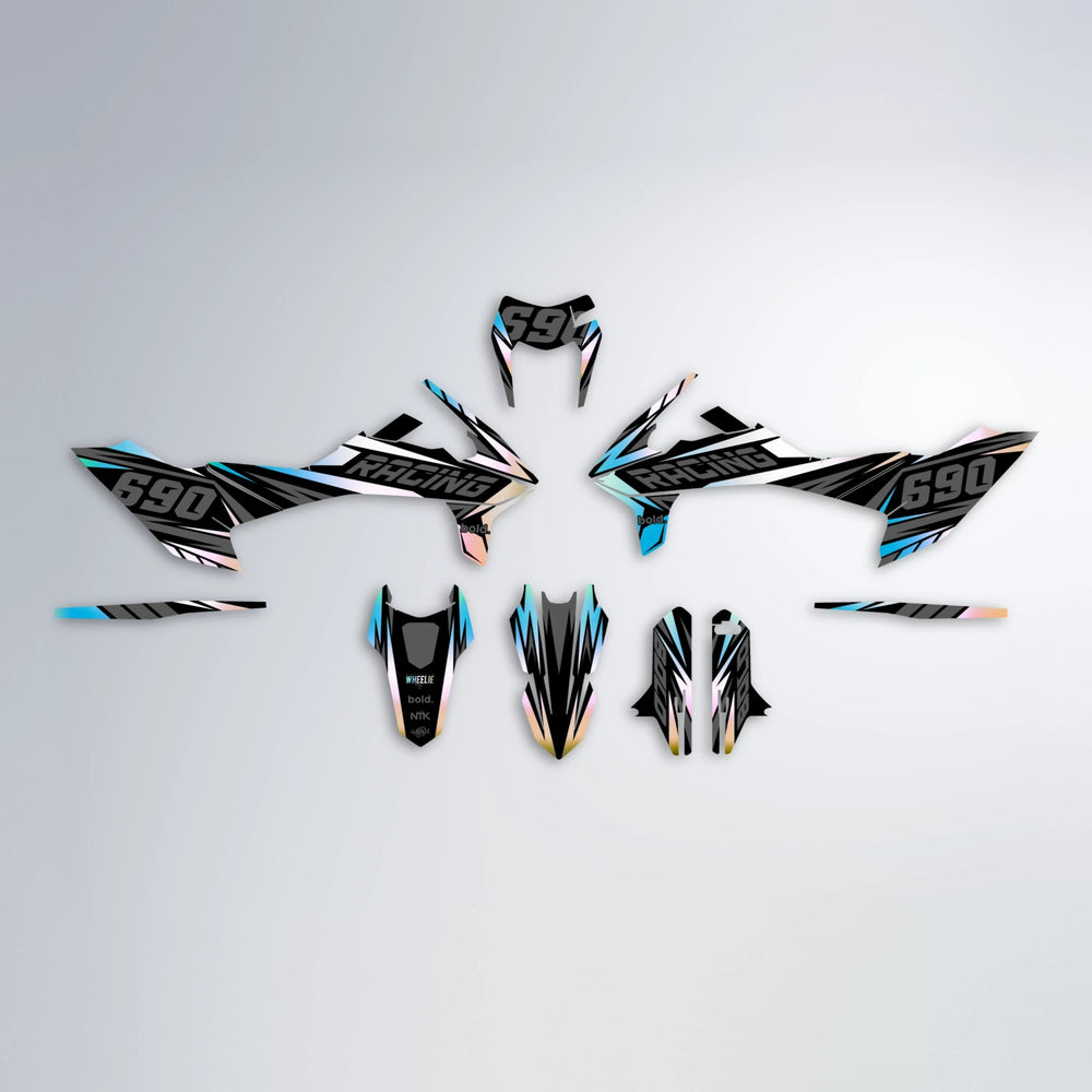 RAINBOW KTM SMC 690 graphics kit parts layout in Light Blue & White