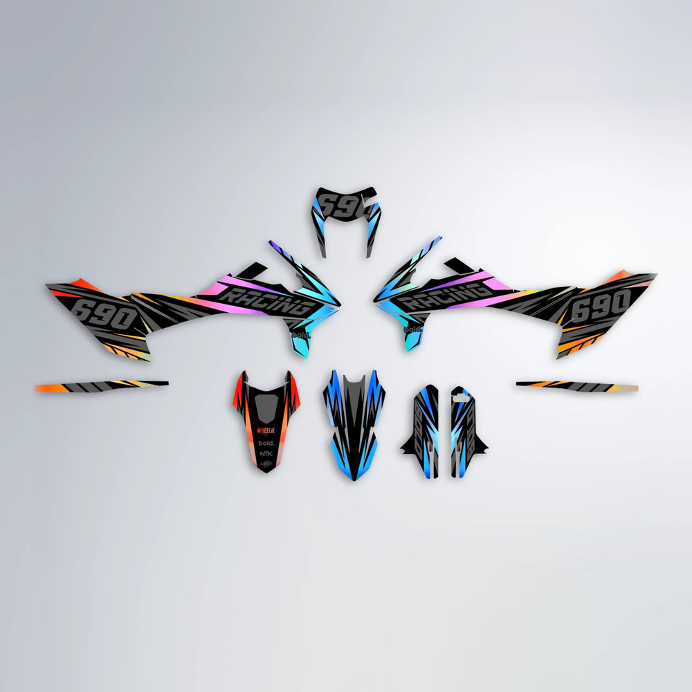RAINBOW KTM SMC 690 graphics kit parts layout in Sunset Fade