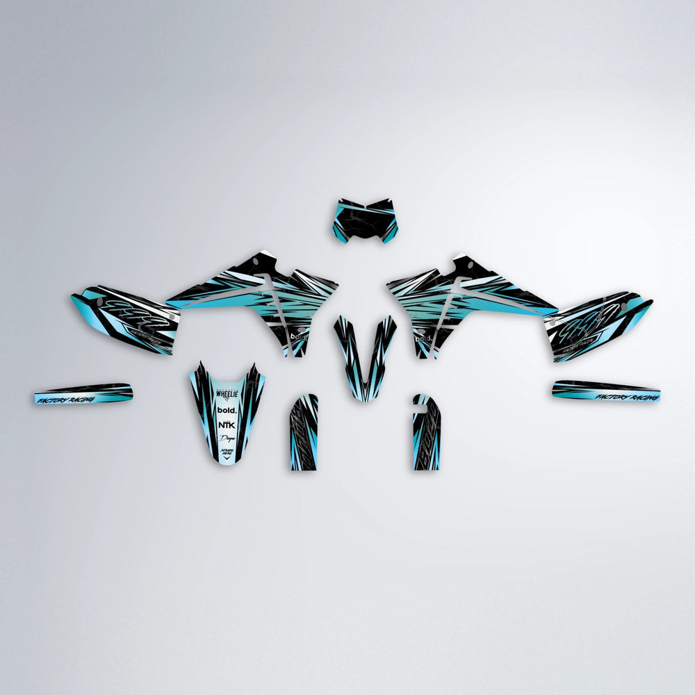 REDRUM Fantic graphics kit parts layout in Light Blue & White