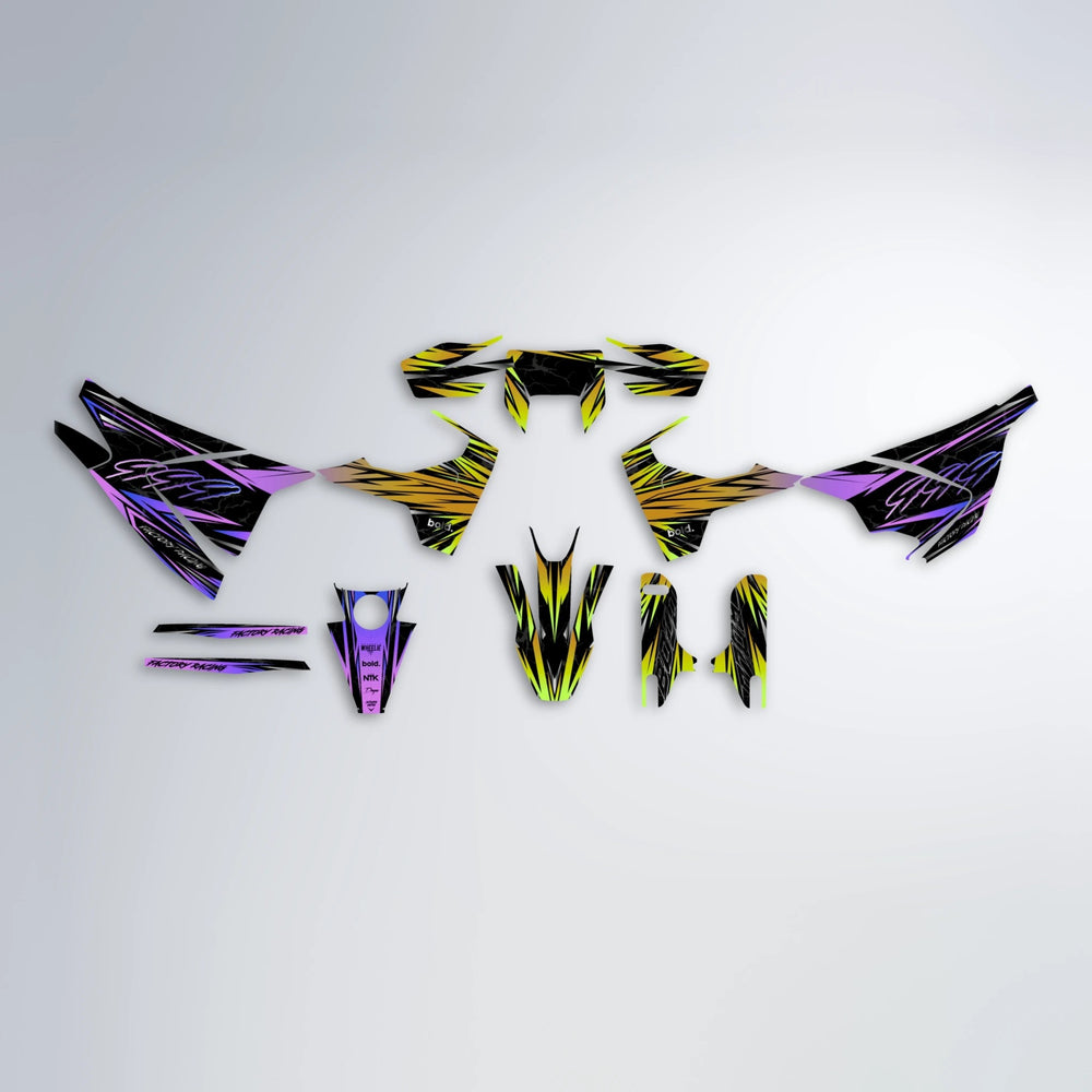 REDRUM Husqvarna 701 graphics kit parts layout in Purple & Yellow