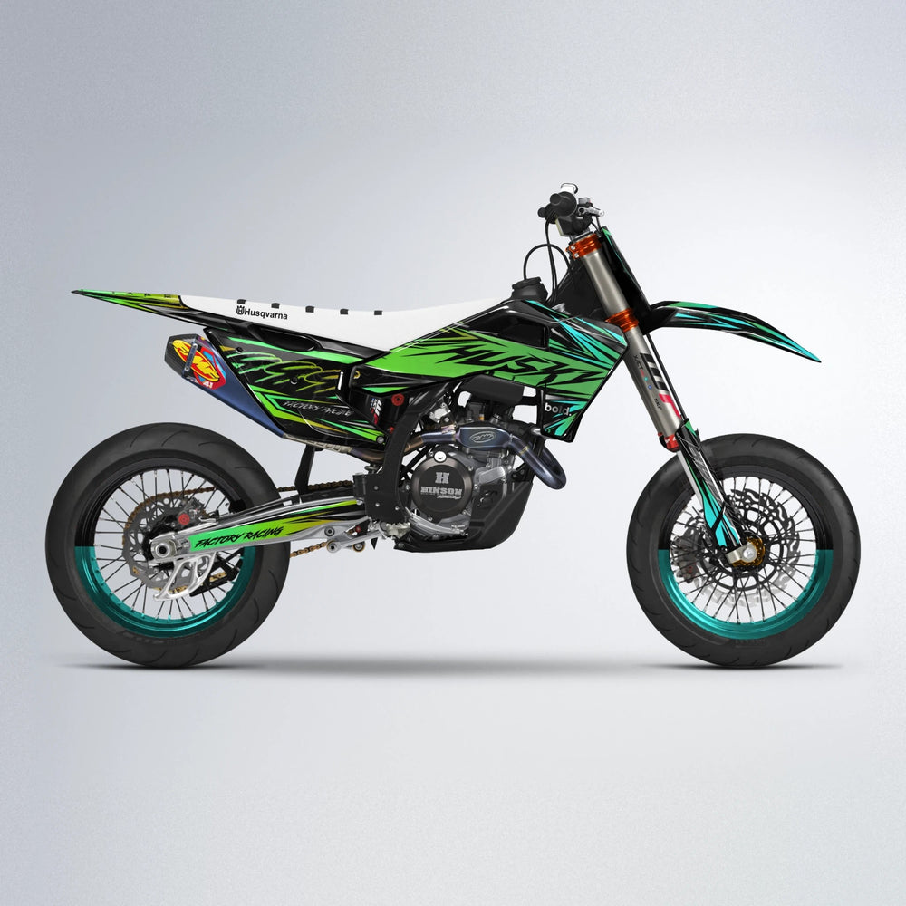 REDRUM Husqvarna FE/TE supermoto graphics kit in Cyan & Green
