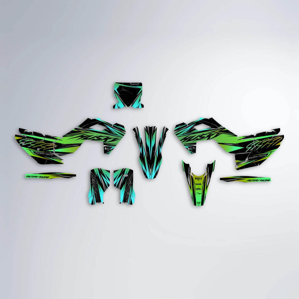 REDRUM Husqvarna FE/TE graphics kit parts layout in Cyan & Green
