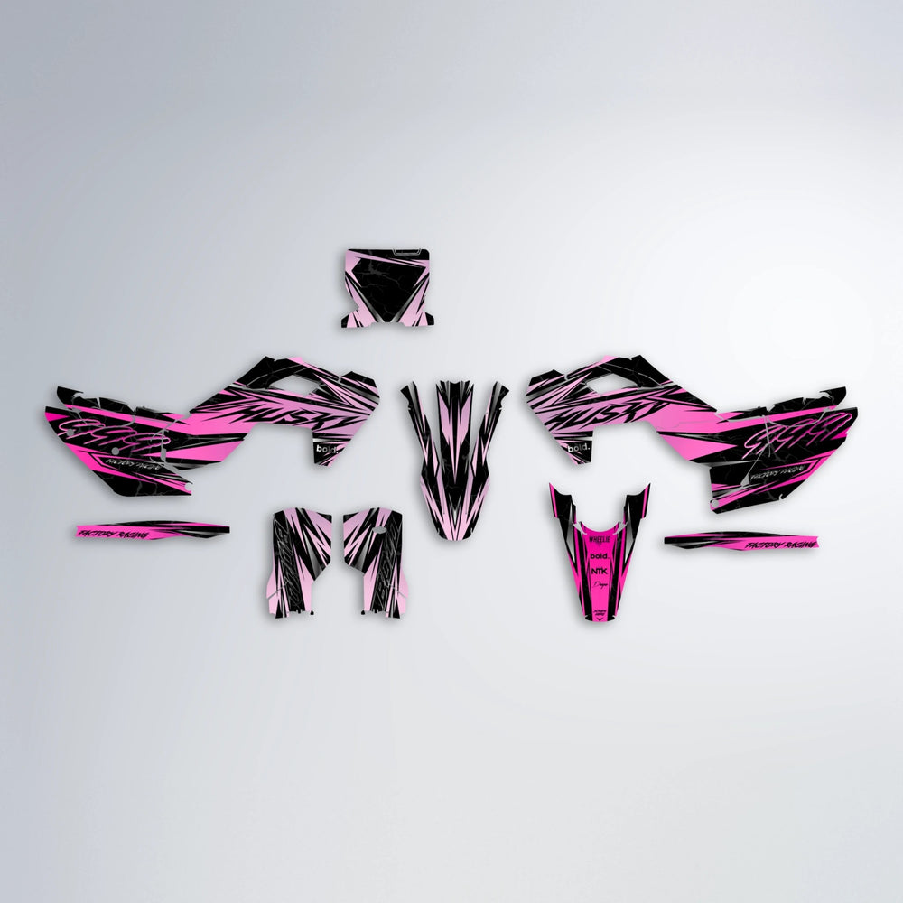 REDRUM Husqvarna FE/TE graphics kit parts layout in Flamingo