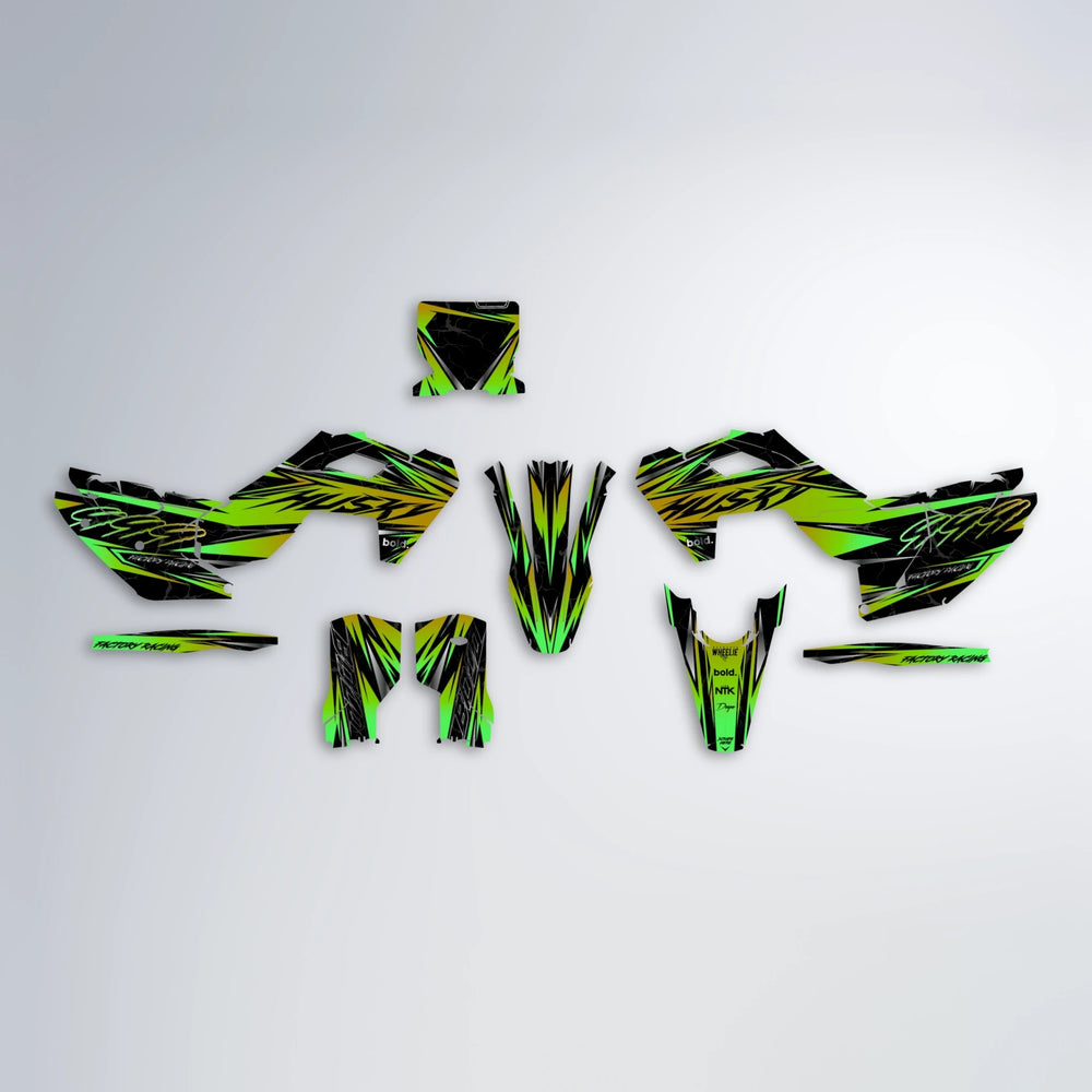 REDRUM Husqvarna FE/TE graphics kit parts layout in Green