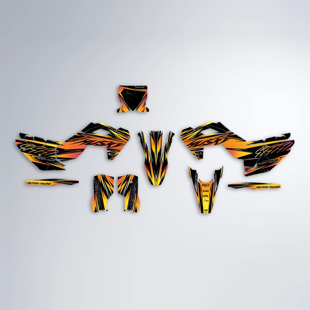 REDRUM Husqvarna FE/TE graphics kit parts layout in Orange & Yellow