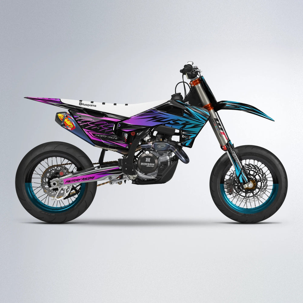 REDRUM Husqvarna FE/TE supermoto graphics kit in Pink & Light Blue