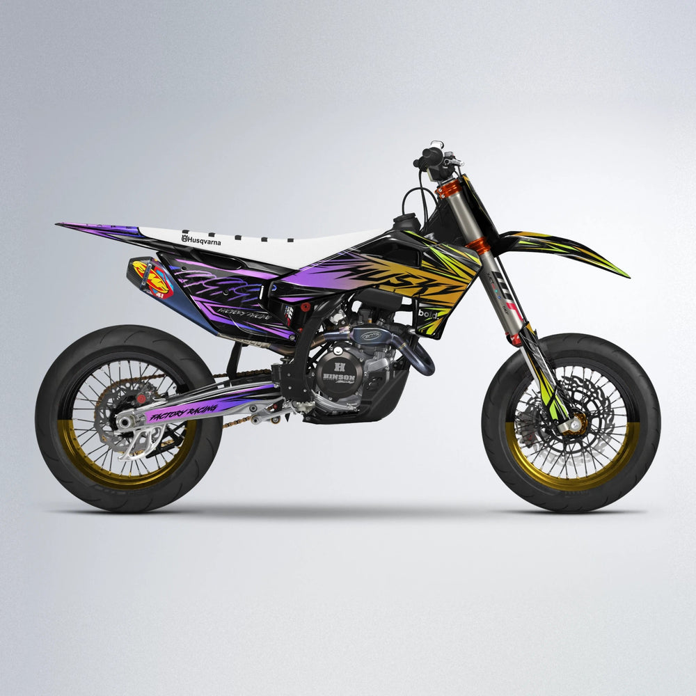 REDRUM Husqvarna FE/TE supermoto graphics kit in Purple & Yellow