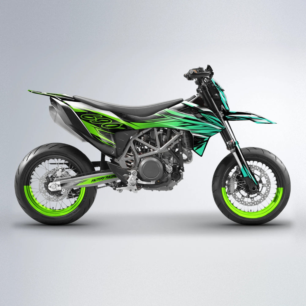 REDRUM KTM SMC 690 supermoto graphics kit in Cyan & Green
