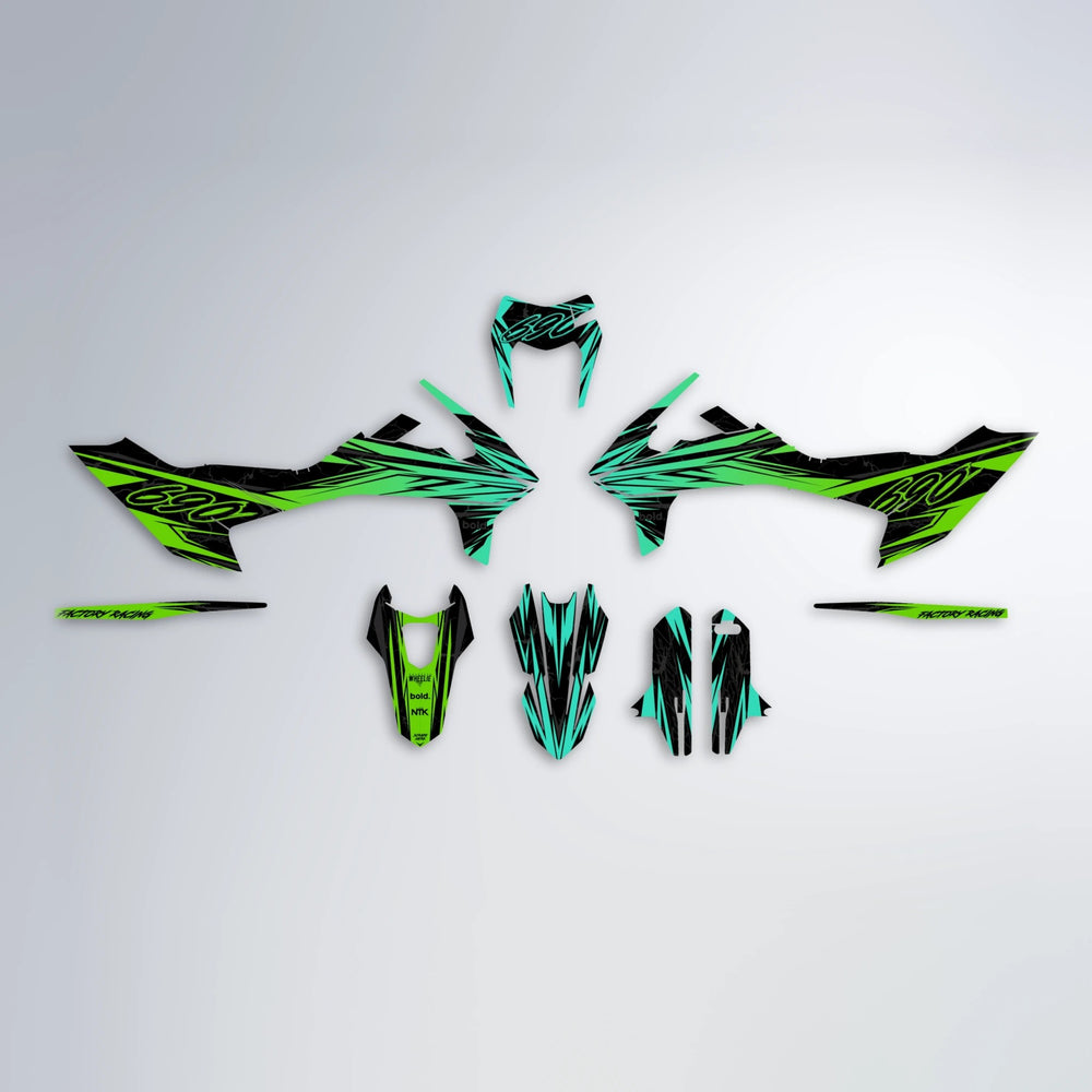 REDRUM KTM SMC 690 graphics kit parts layout in Cyan & Green