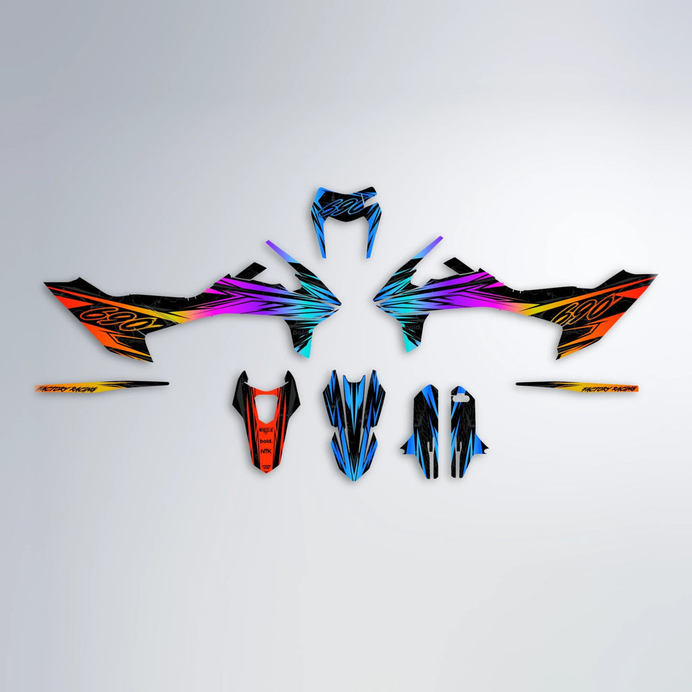 REDRUM KTM SMC 690 graphics kit parts layout in Sunset Fade