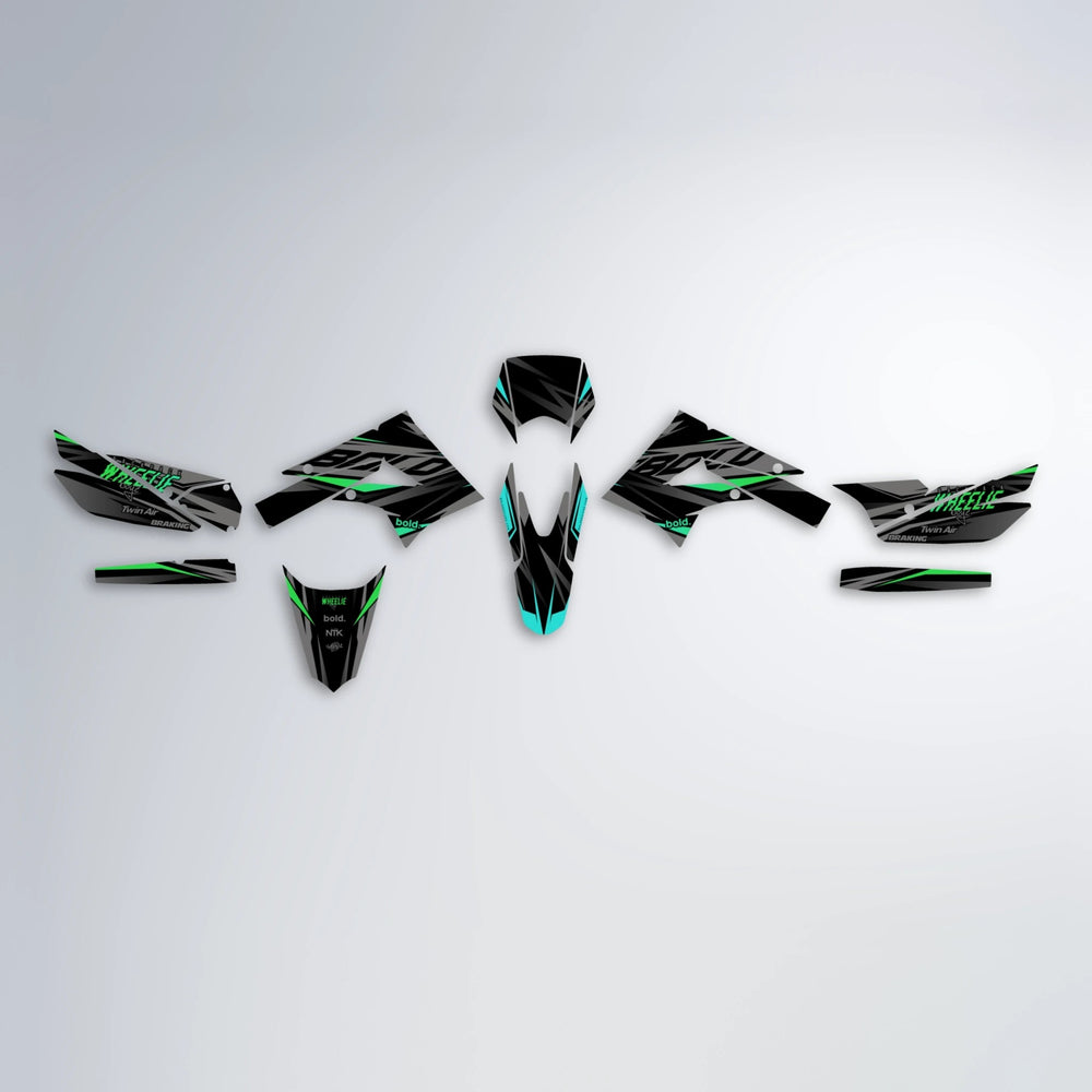 RETAIN Derbi Senda graphics kit parts layout in Cyan & Green