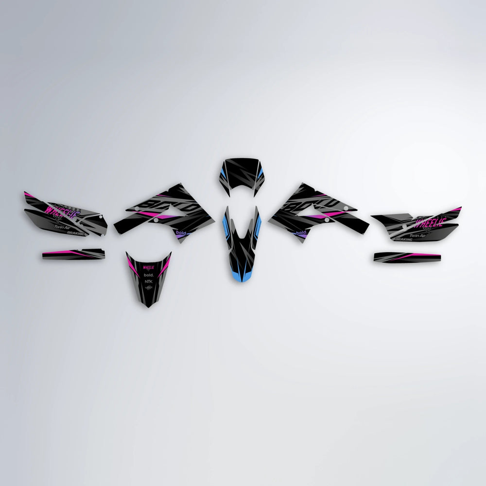 RETAIN Derbi Senda graphics kit parts layout in Pink & Light Blue