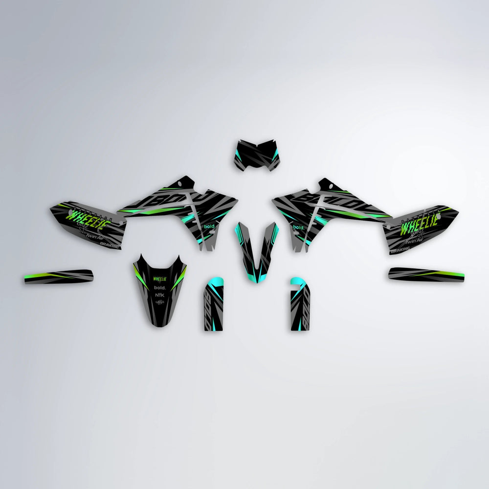 RETAIN Fantic graphics kit parts layout in Cyan & Green