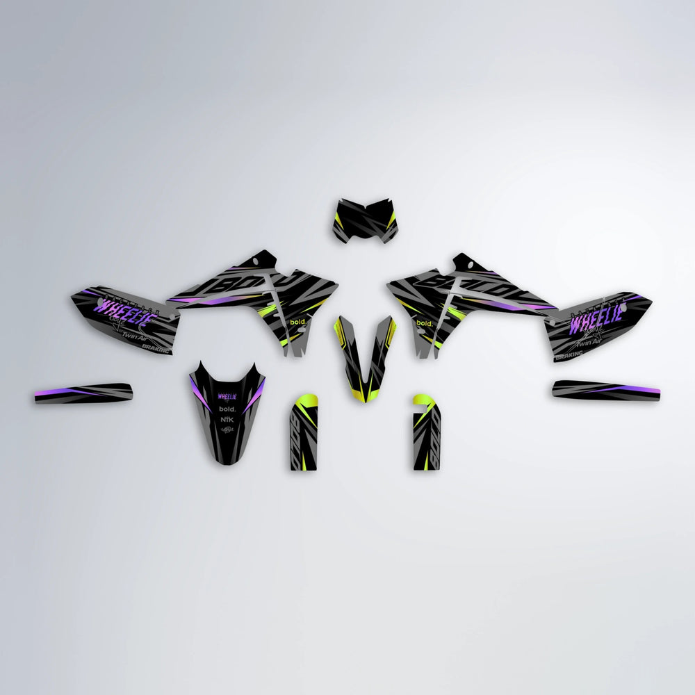 RETAIN Fantic graphics kit parts layout in Purple & Yellow