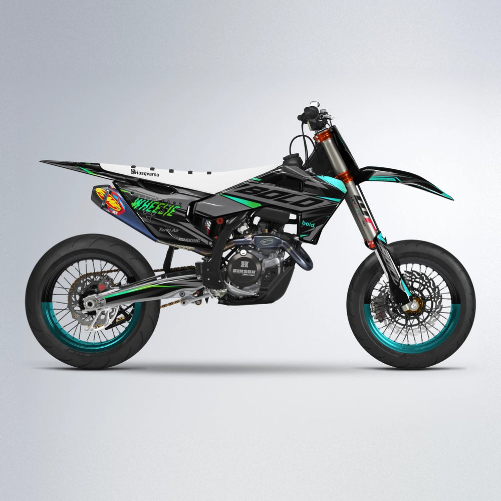 RETAIN Husqvarna FE/TE supermoto graphics kit in Cyan & Green