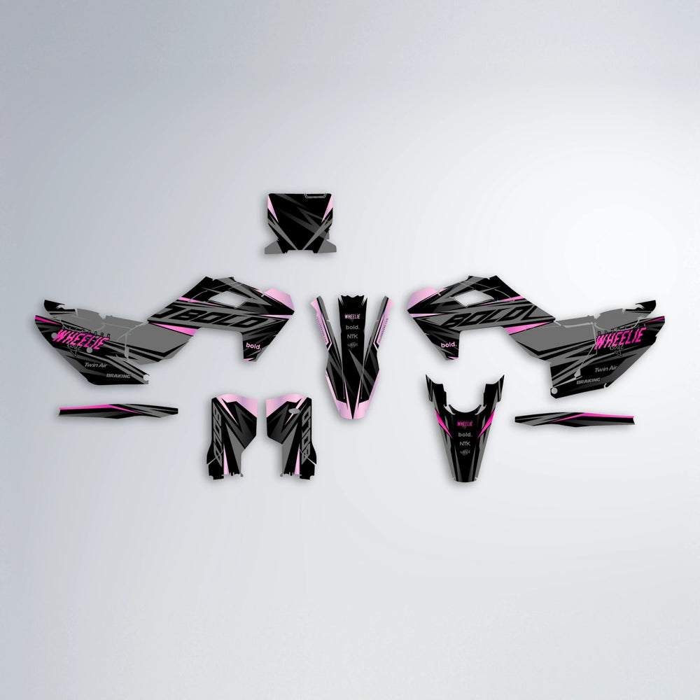 RETAIN Husqvarna FE/TE graphics kit parts layout in Flamingo