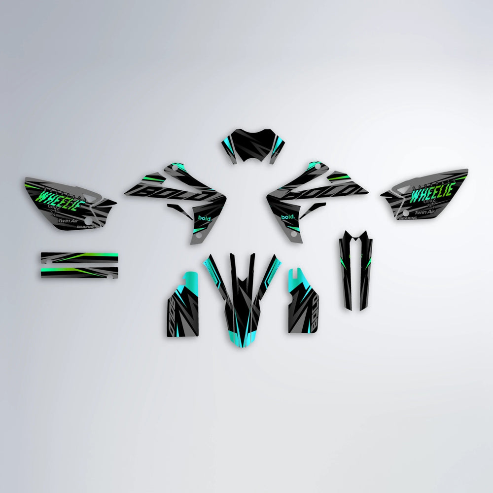 RETAIN Rieju MRT graphics kit parts layout in Cyan & Green