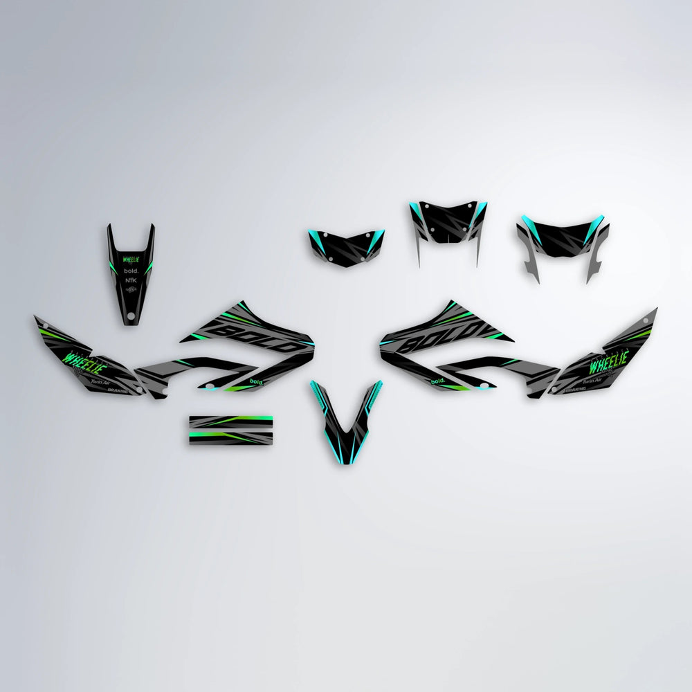 RETAIN Yamaha WR 125X graphics kit parts layout in Cyan & Green