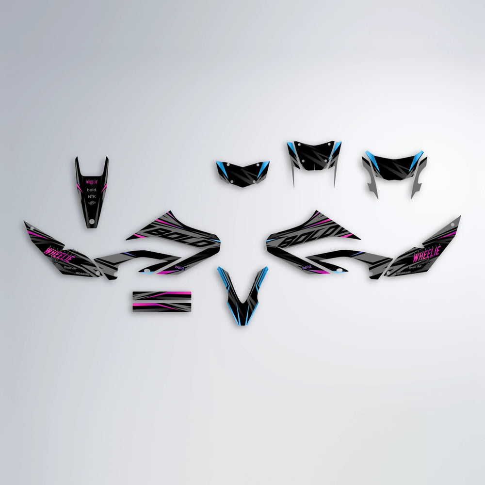 RETAIN Yamaha WR 125X graphics kit parts layout in Pink & Light Blue