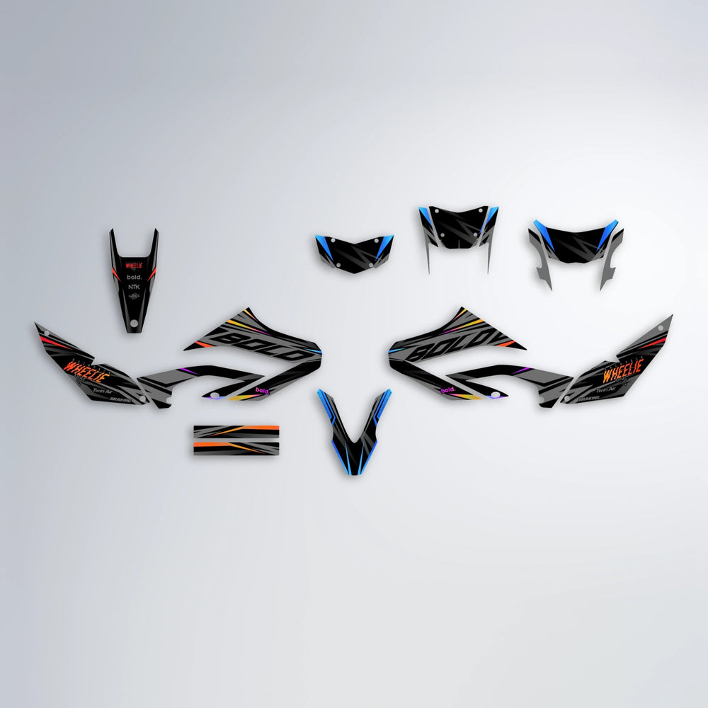RETAIN Yamaha WR 125X graphics kit parts layout in Sunset Fade