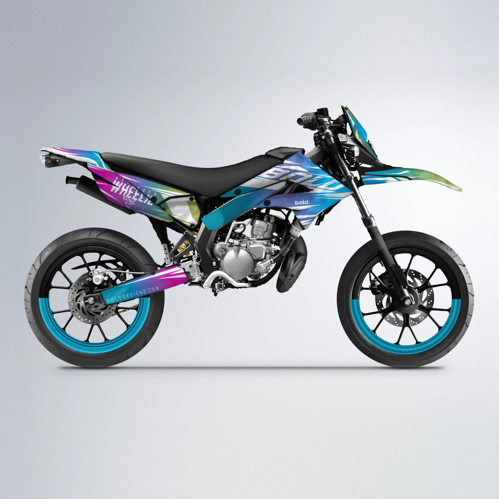 RETRO Derbi Senda supermoto graphics kit in Pink & Light Blue