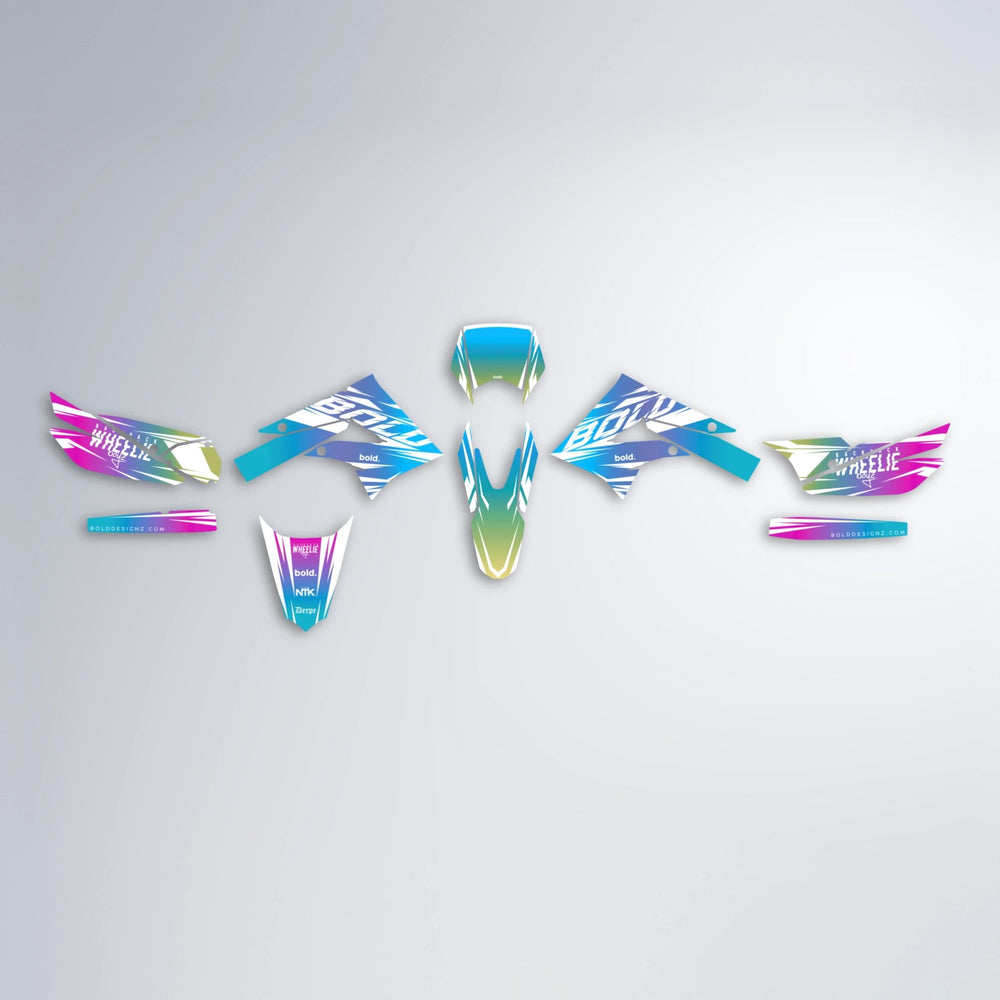 RETRO Derbi Senda graphics kit parts layout in Pink & Light Blue