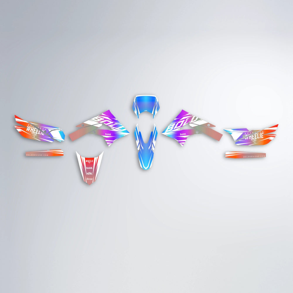 RETRO Derbi Senda graphics kit parts layout in Sunset Fade