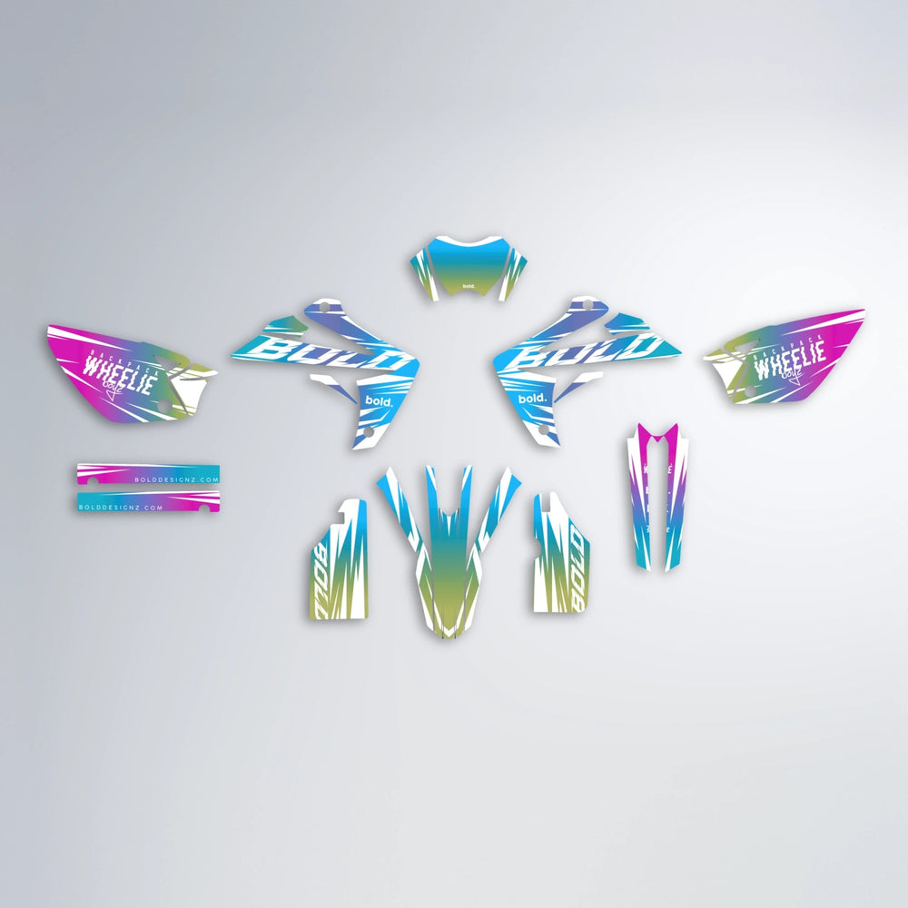 RETRO Rieju MRT graphics kit parts layout in Pink & Light Blue