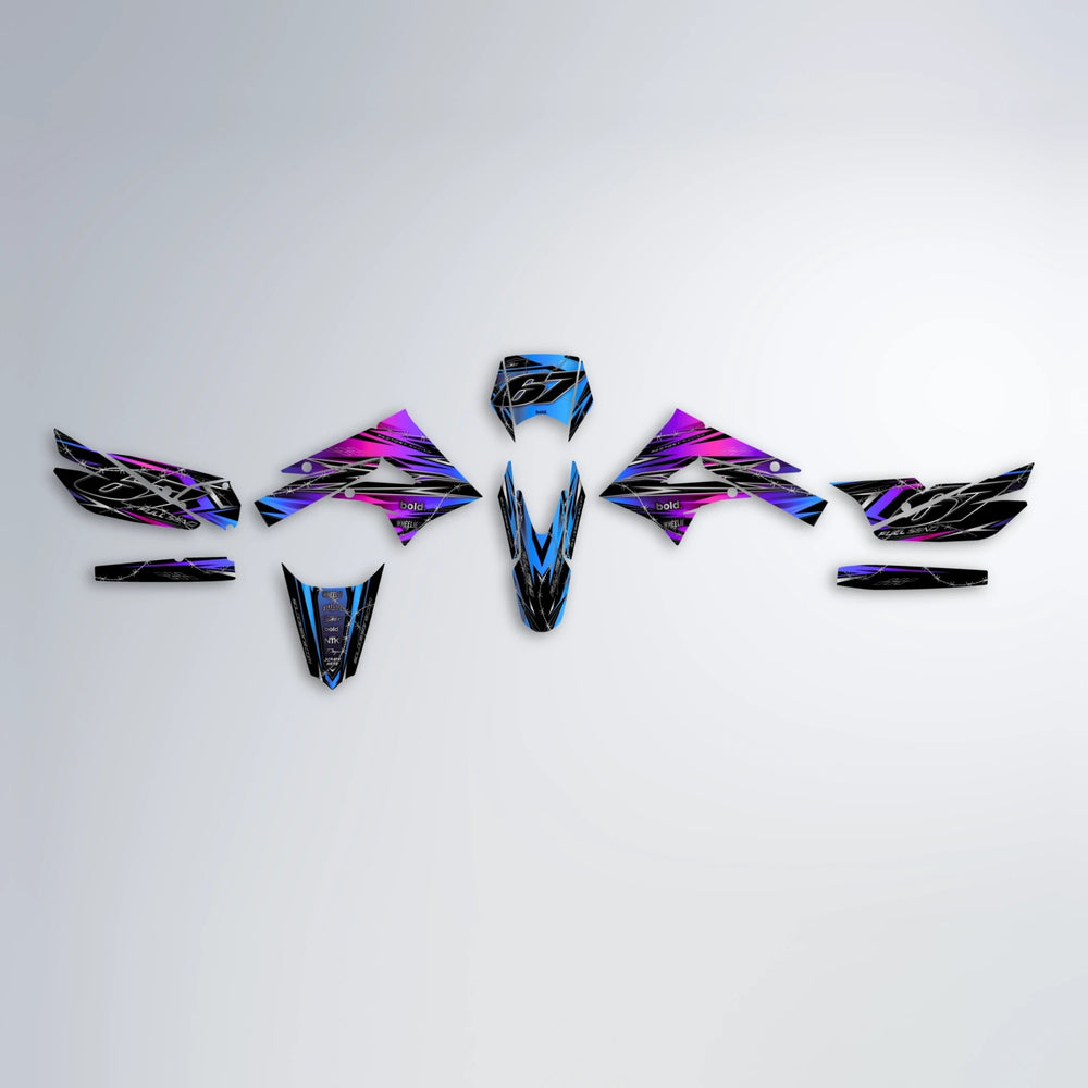 RIOT Derbi Senda graphics kit parts layout in Blue Purple Fade