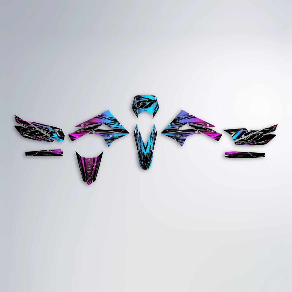 RIOT Derbi Senda graphics kit parts layout in Pink & Light Blue