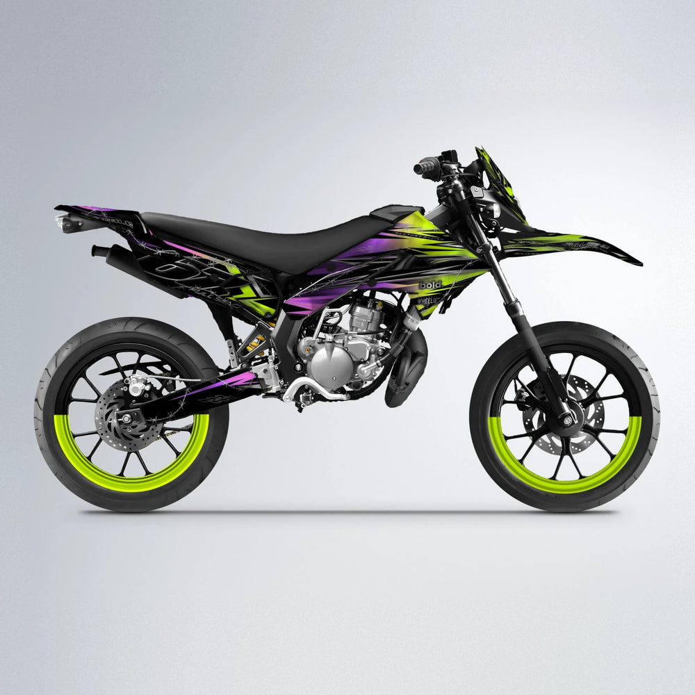 RIOT Derbi Senda supermoto graphics kit in Purple & Yellow