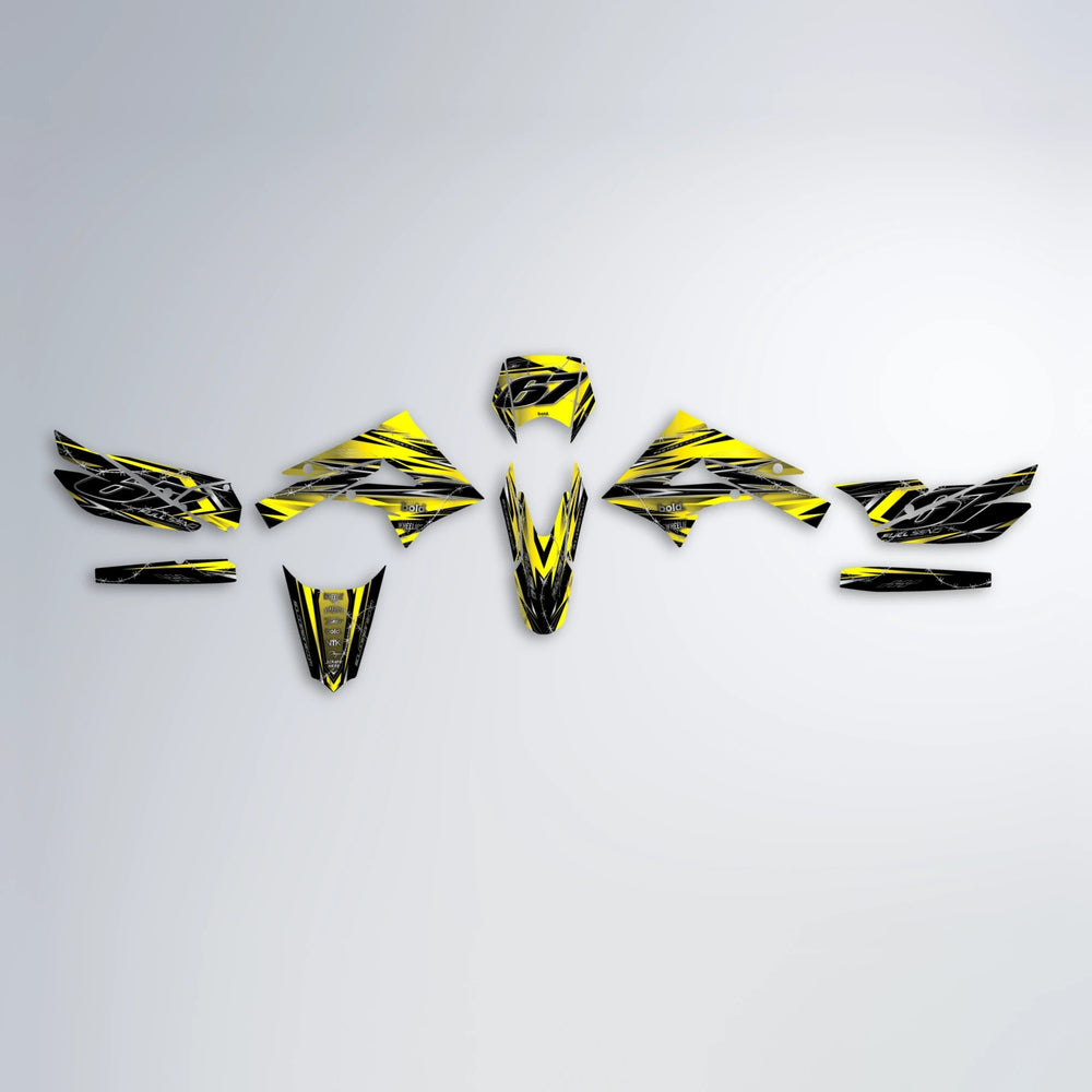 RIOT Derbi Senda graphics kit parts layout in Yellow