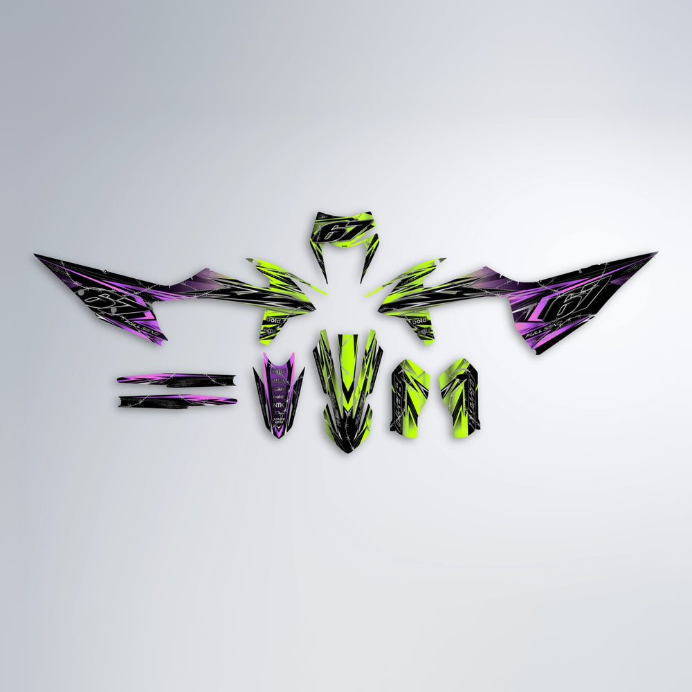 RIOT graphics kit parts layout in Purple & Fluo Yellow