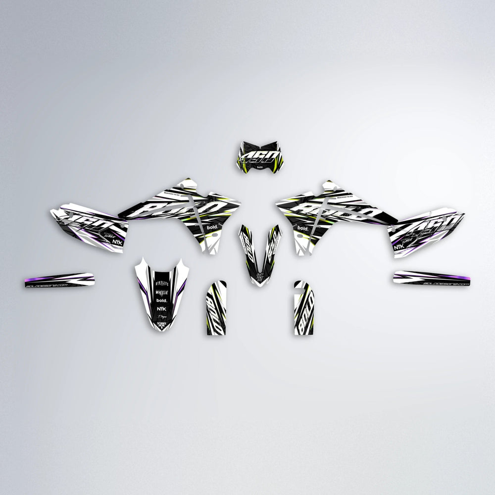 ROGUE Fantic graphics kit parts layout in Purple & Yellow